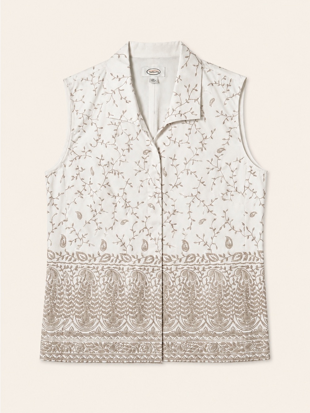Talbots Pure Silk Embroidered Paisley Button Front Sleeveless Blouse  14